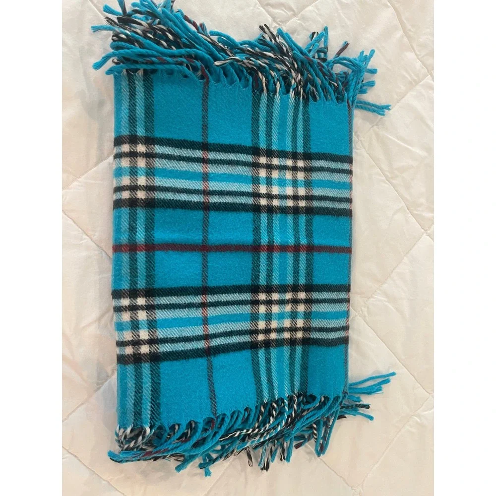 00048 V. Fraas Cashmink Teal‎ Plaid Scarf 9x58 Fringe Acrylic Made in Germany